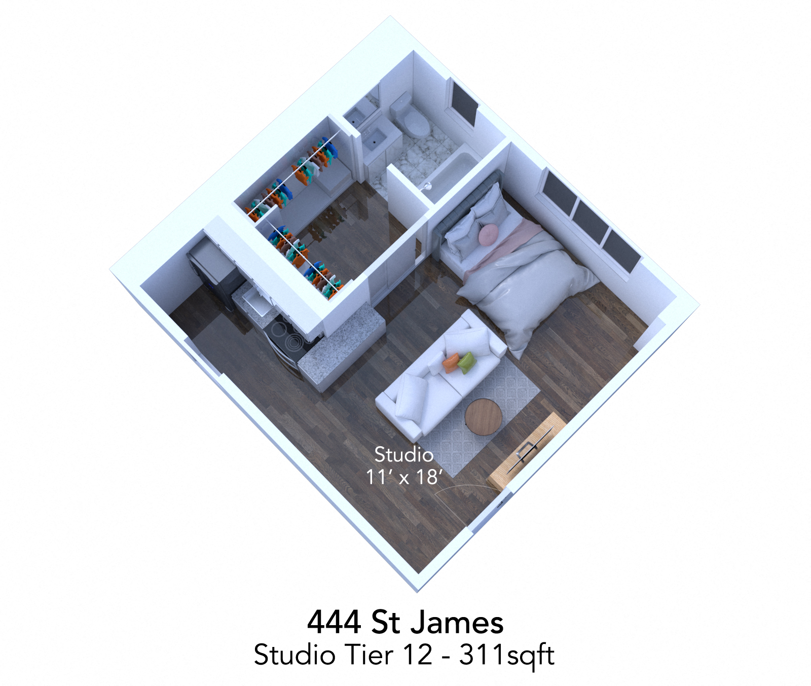 Floor plan for studio, 1 bath, 399 sqft